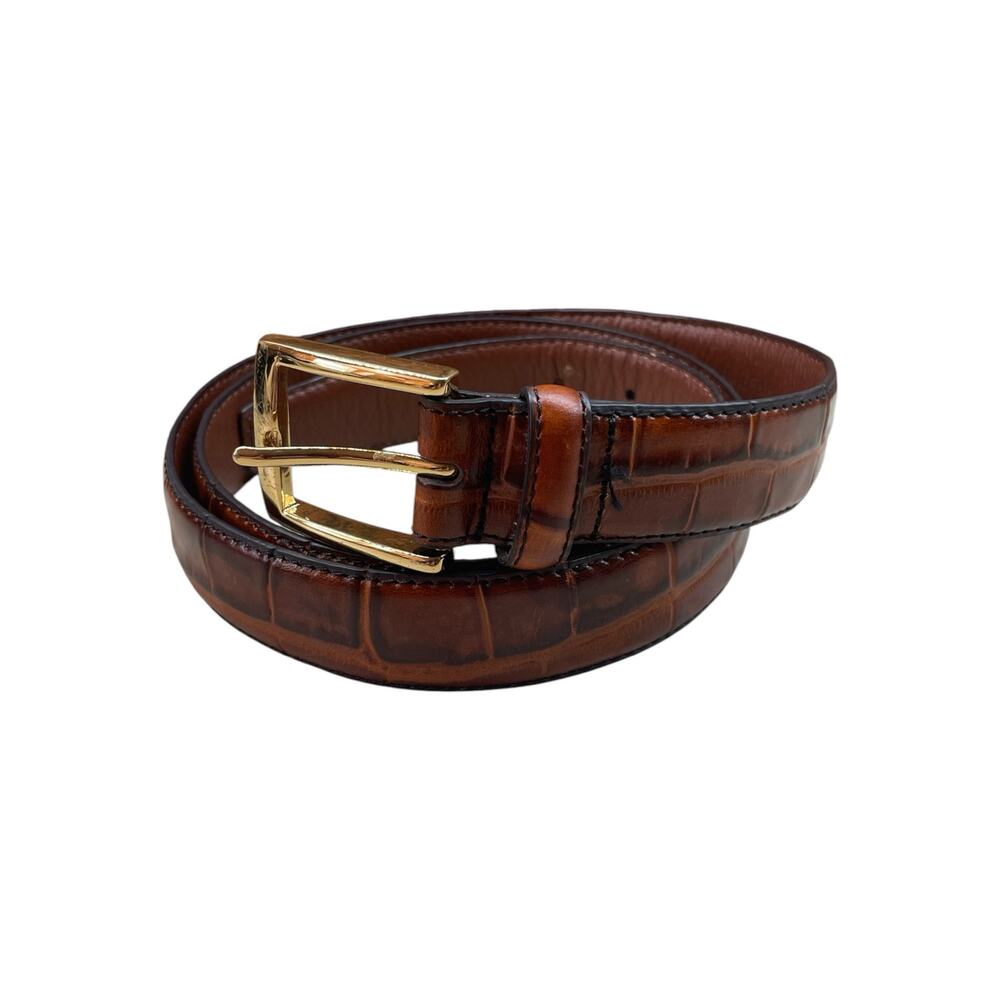 Jos A Bank Dress Belt Size 42 Leather Brown Croc Embossed Gold Tone Buckle
